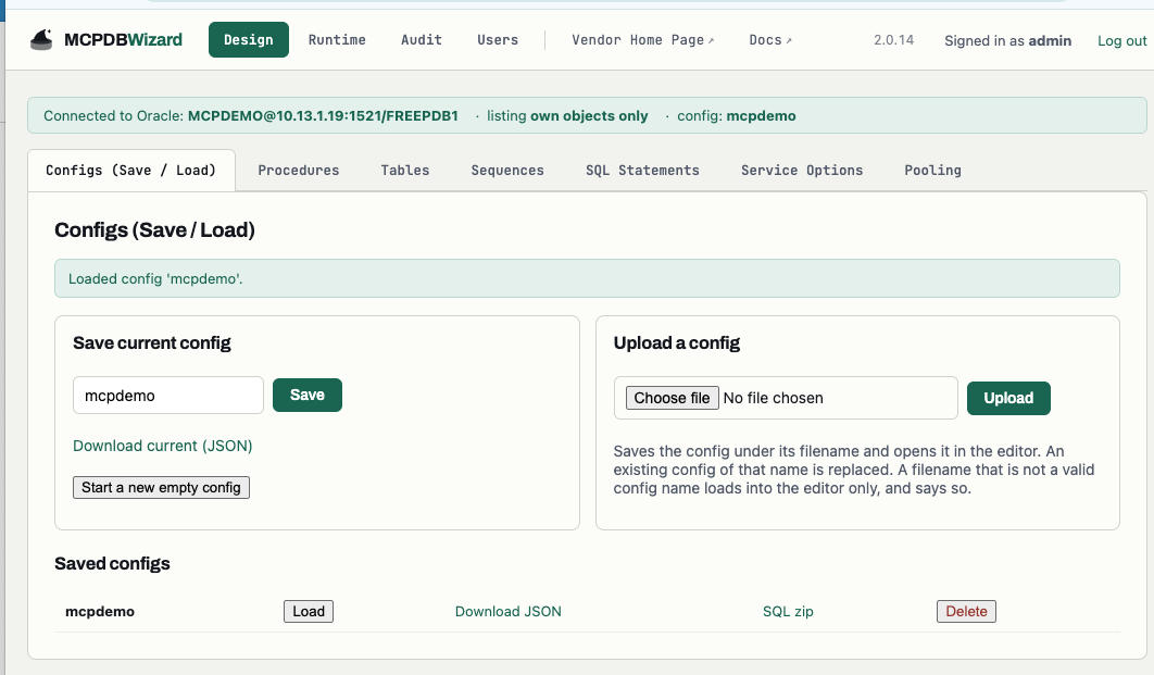 The Configs tab, showing save, upload, download and the list of saved configs