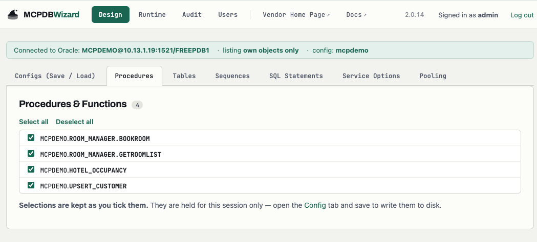 The Design Procedures tab listing PL/SQL packages and procedures with tick boxes