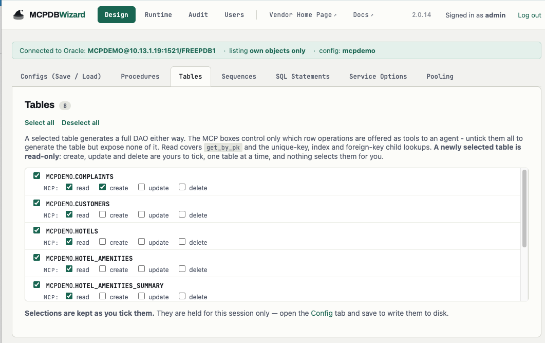 The Design Tables tab, with each table ticked and separate MCP read, create, update and delete boxes